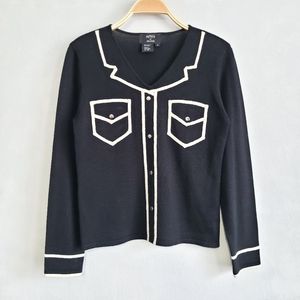 Metro 6 by Nina Leonard Faux Button Up 2D Wool Blend Black/White Knit Top Small